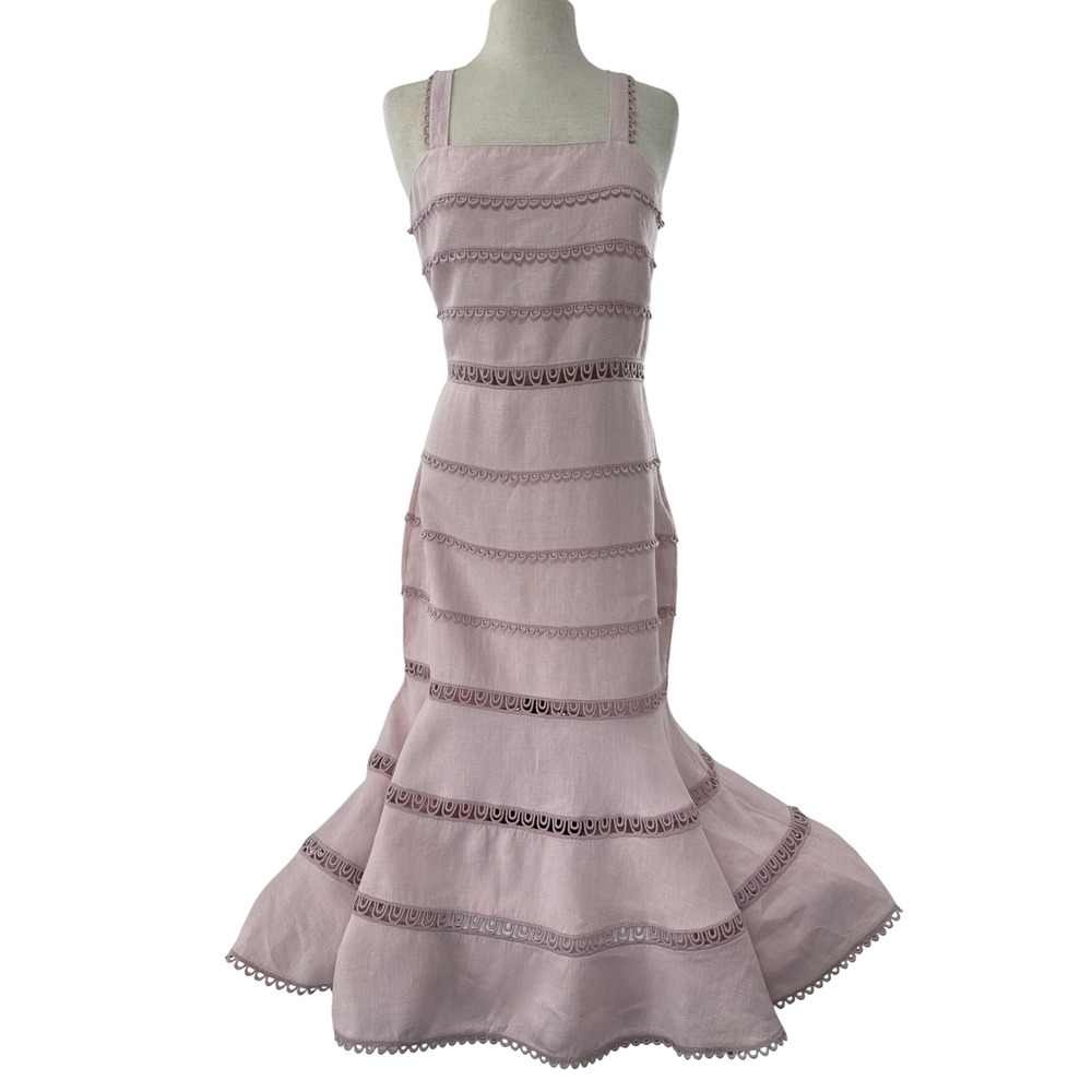 Saylor Dress Womens L Pink Midi Tiered Scalloped Crochet Trim Cotton Linen Blend